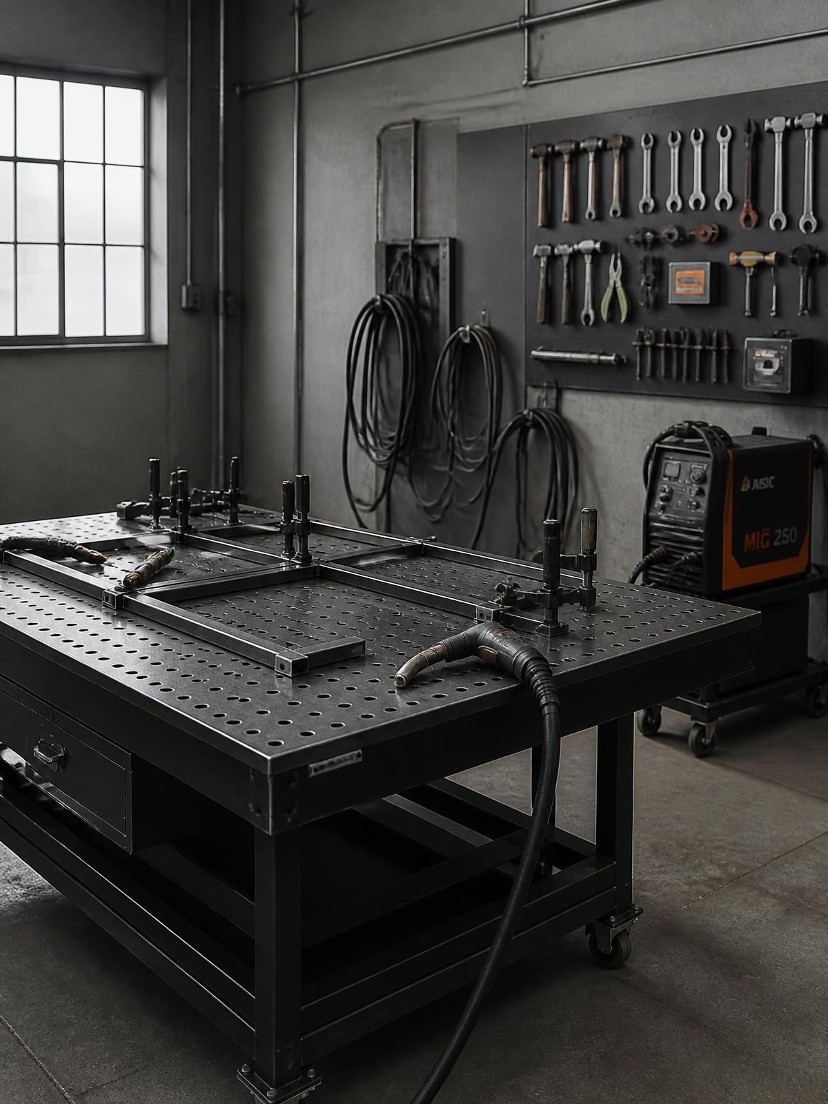 Werkplaats met lastafel en apparatuur