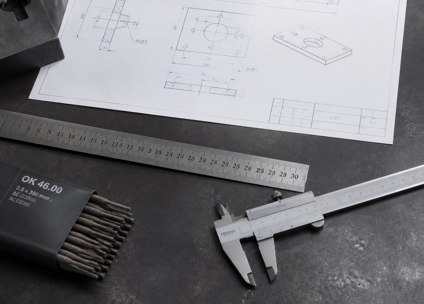 Technische tekening, schuifmaat en laselektroden op een werkbank